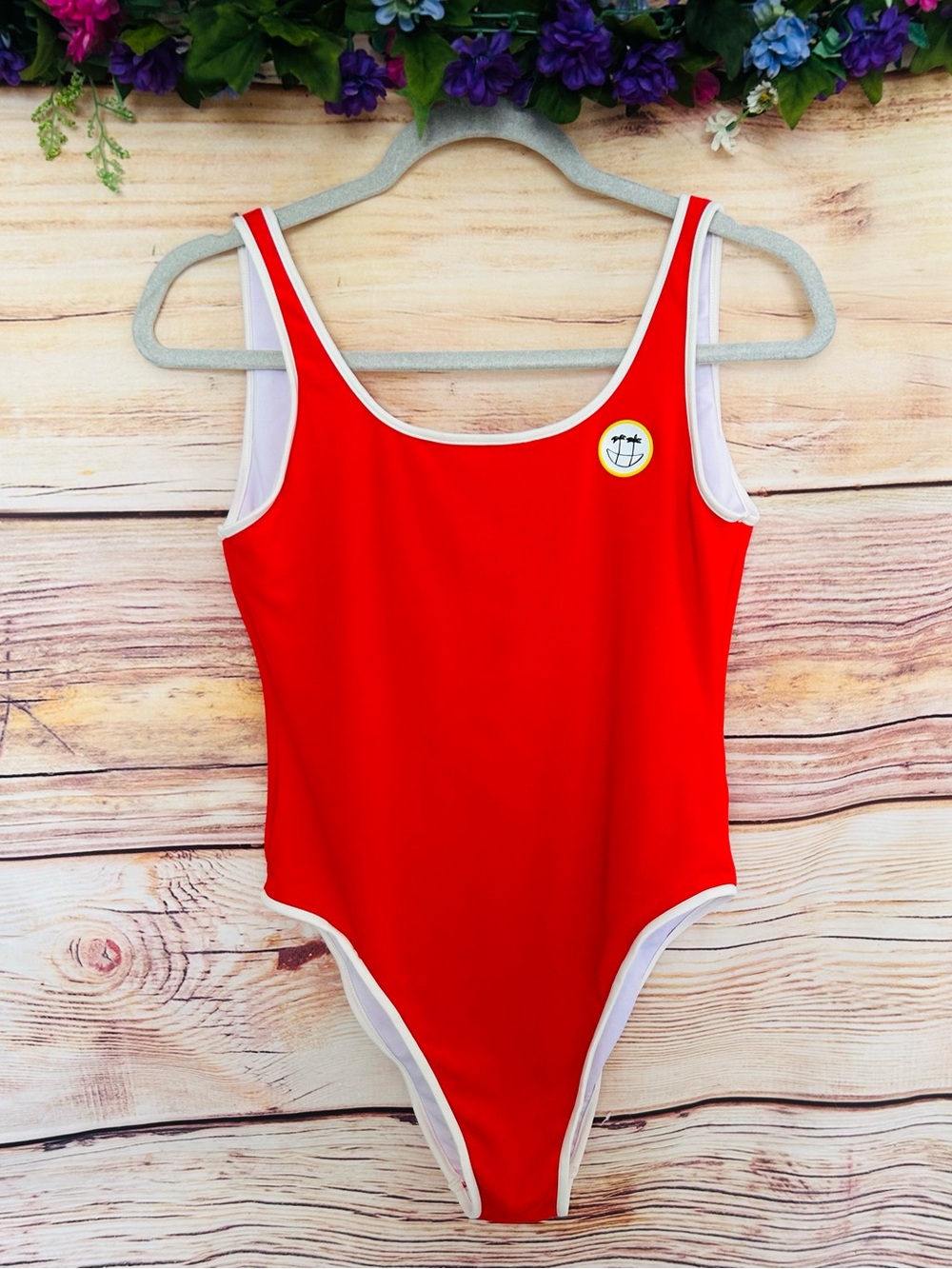 Hundred Pieces Red White Trim Terry Cloth Smiley Face One-Piece Swimsuit 18Y